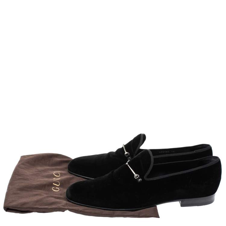 Pre Owned Gucci Black Velvet Horsebit Slip On Loafers Size 46