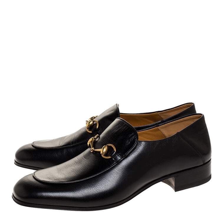 Pre Owned Gucci Black Leather Jordaan Horsebit Slip On Loafers Size 44.5