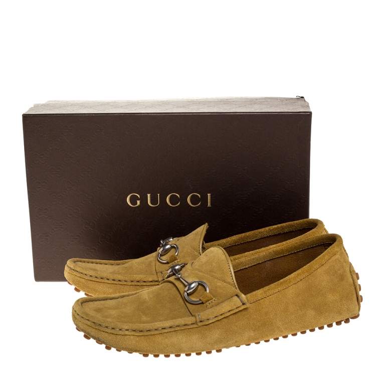Pre Owned Gucci Yellow Suede Leather Horsebit Slip On Loafers Size 41.5