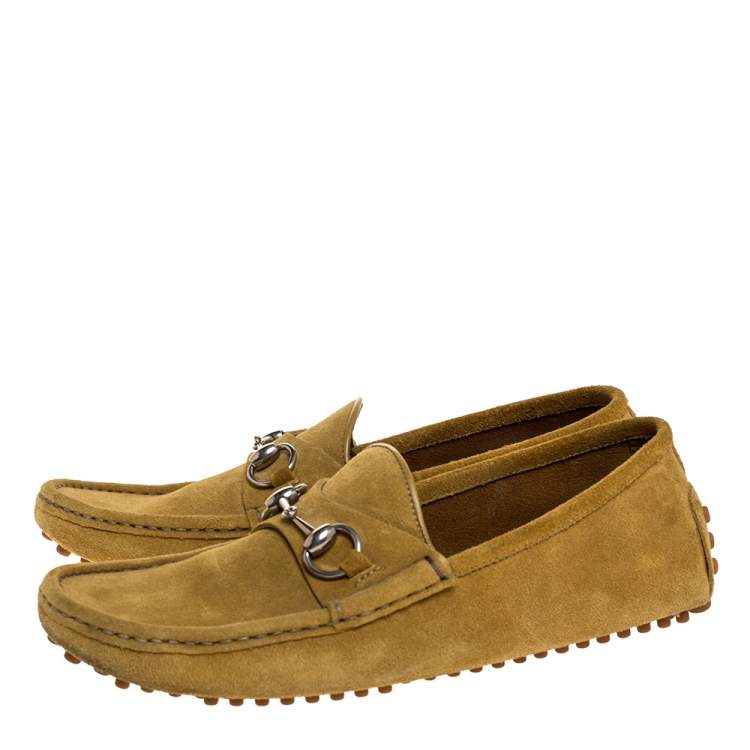 Pre Owned Gucci Yellow Suede Leather Horsebit Slip On Loafers Size 41.5