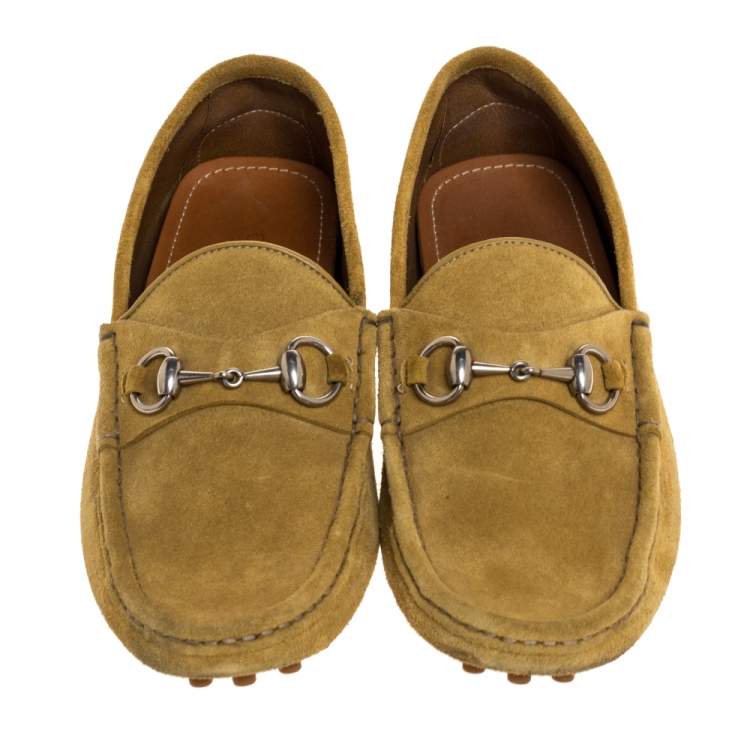 Pre Owned Gucci Yellow Suede Leather Horsebit Slip On Loafers Size 41.5