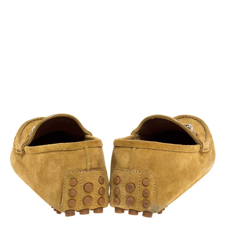 Pre Owned Gucci Yellow Suede Leather Horsebit Slip On Loafers Size 41.5