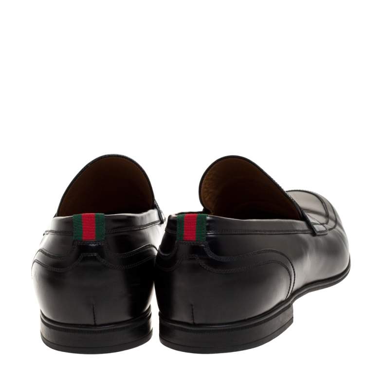 Pre Owned Gucci Black Leather Web Penny Loafers Size 44