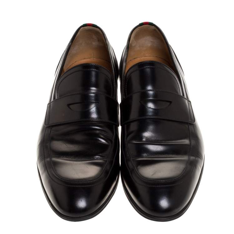 Pre Owned Gucci Black Leather Web Penny Loafers Size 44