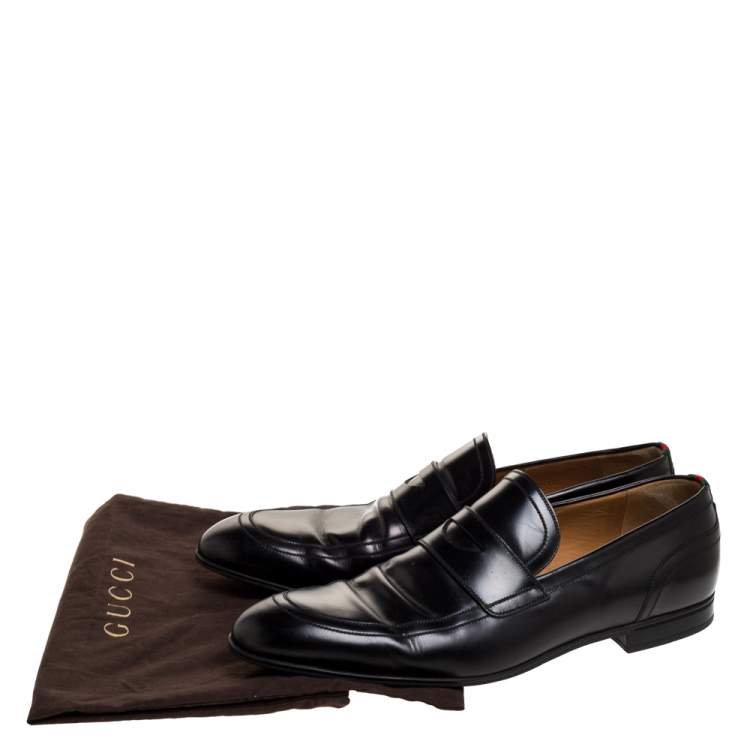 Pre Owned Gucci Black Leather Web Penny Loafers Size 44