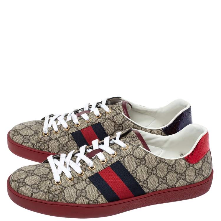 Pre Owned Gucci Red/Beige GG Supreme Canvas Ace Low Top Sneakers Size 45