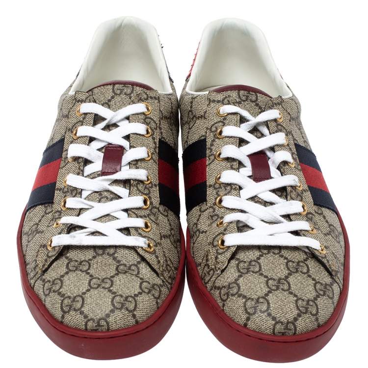 Pre Owned Gucci Red/Beige GG Supreme Canvas Ace Low Top Sneakers Size 45