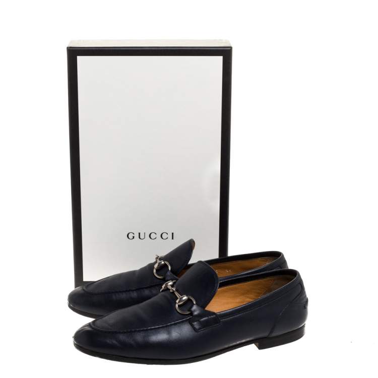 Pre Owned Gucci Dark Navy Leather Horsebit Slip On Loafers Size 39.5