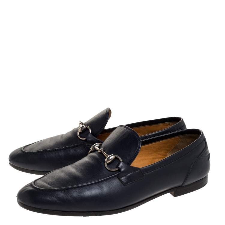 Pre Owned Gucci Dark Navy Leather Horsebit Slip On Loafers Size 39.5