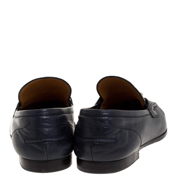 Pre Owned Gucci Dark Navy Leather Horsebit Slip On Loafers Size 39.5