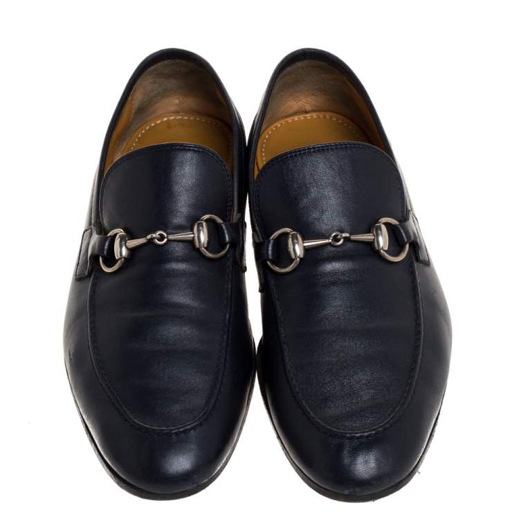Pre Owned Gucci Dark Navy Leather Horsebit Slip On Loafers Size 39.5