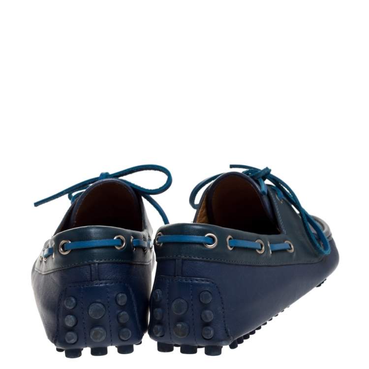 Pre Owned Gucci Blue Leather Boat Bow Slip On Loafers Size 42
