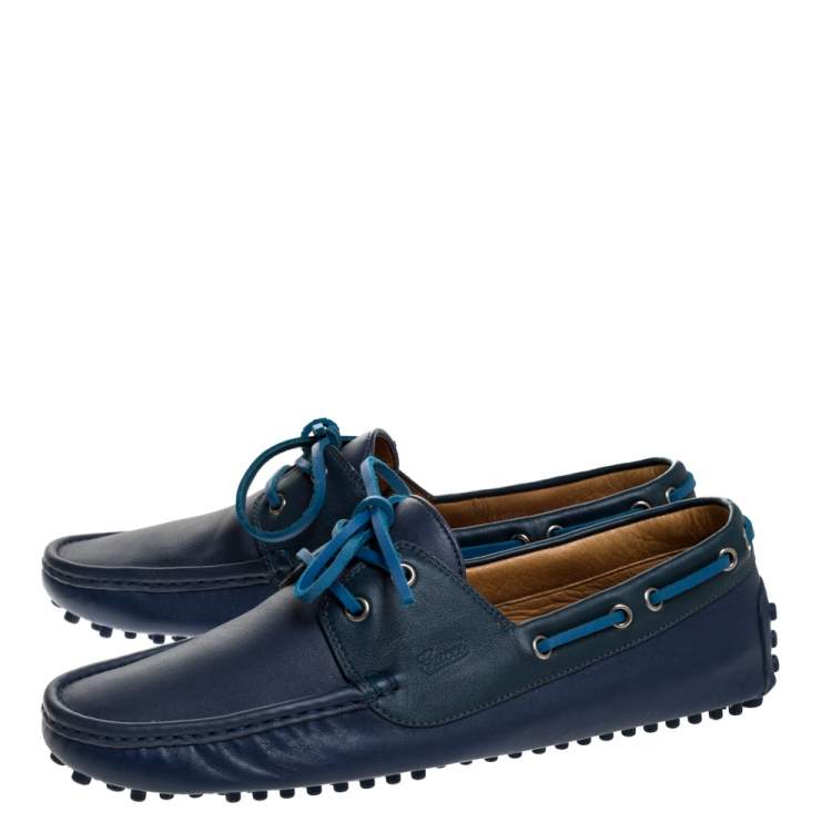 Pre Owned Gucci Blue Leather Boat Bow Slip On Loafers Size 42