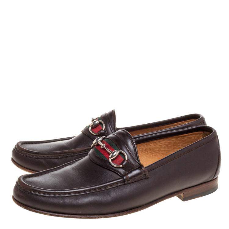 Pre Owned Gucci Dark Brown Leather Web Horsebit Loafers Size 41.5