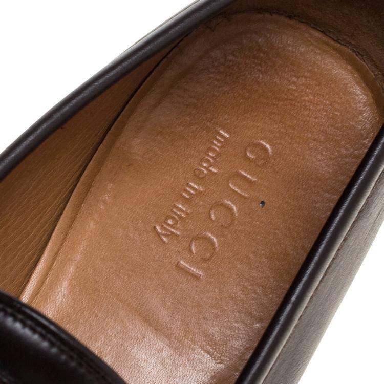 Pre Owned Gucci Dark Brown Leather Web Horsebit Loafers Size 41.5