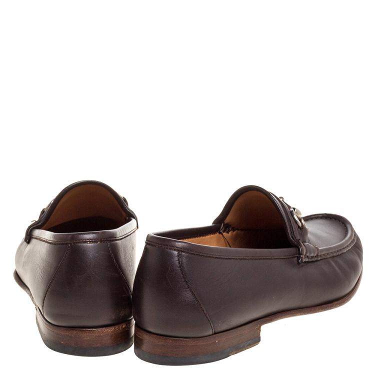 Pre Owned Gucci Dark Brown Leather Web Horsebit Loafers Size 41.5