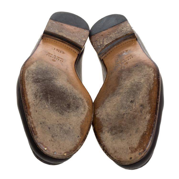 Pre Owned Gucci Dark Brown Leather Web Horsebit Loafers Size 41.5