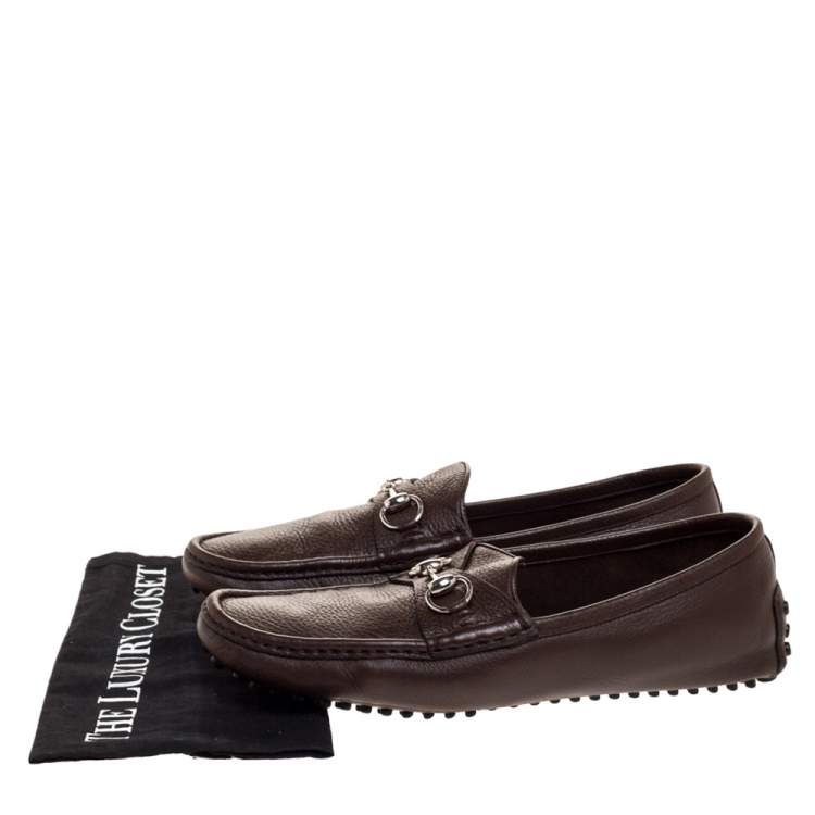 Pre Owned Gucci Brown Leather Horsebit Slip On Loafers Size 43
