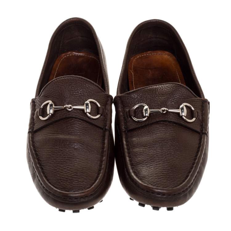 Pre Owned Gucci Brown Leather Horsebit Slip On Loafers Size 43