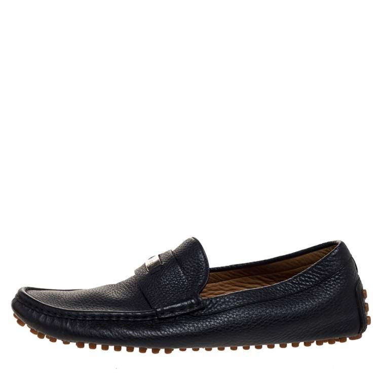 Pre Owned Gucci Black Textured Leather Slip On Loafers Size 41.5