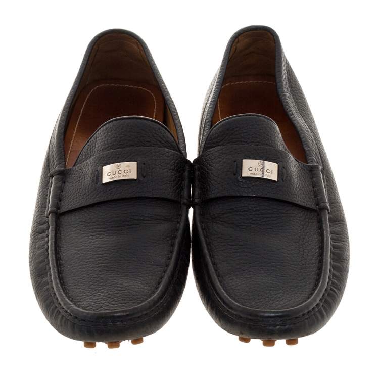 Pre Owned Gucci Black Textured Leather Slip On Loafers Size 41.5