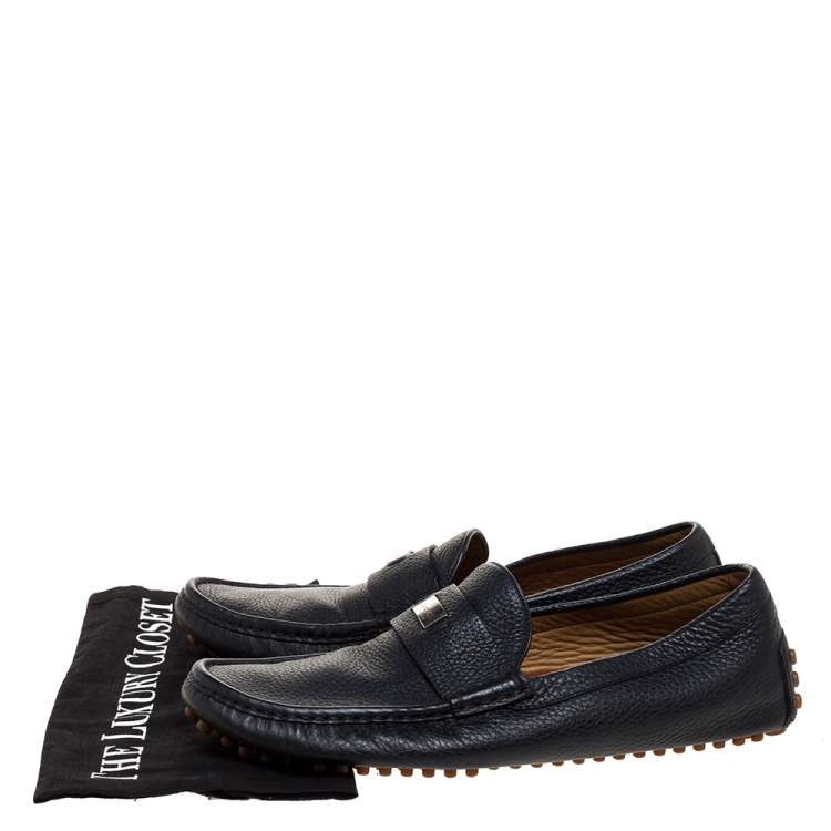 Pre Owned Gucci Black Textured Leather Slip On Loafers Size 41.5