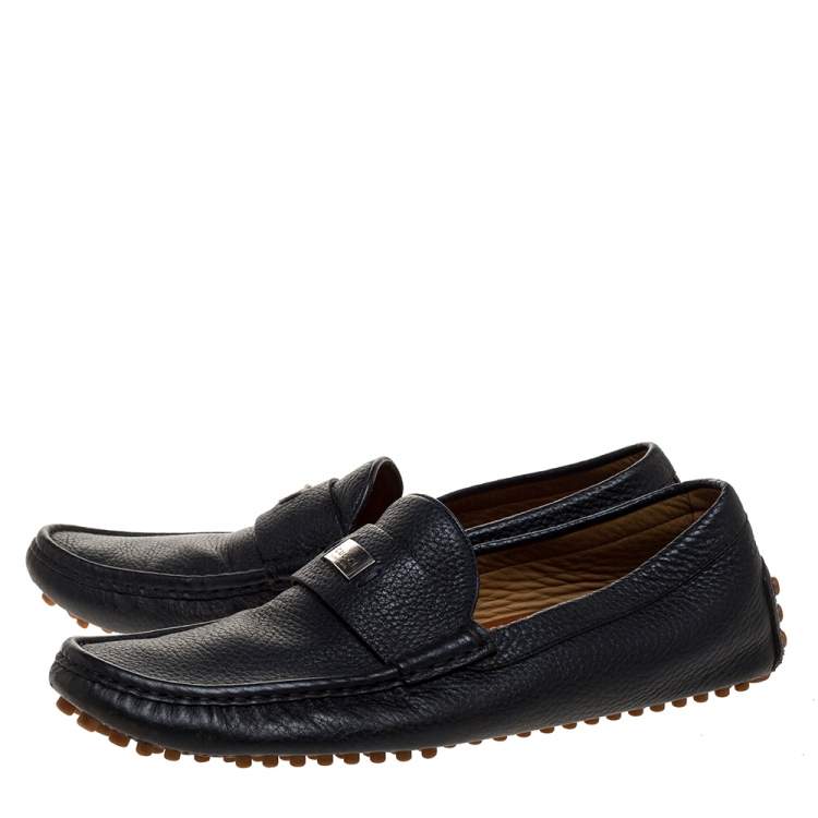 Pre Owned Gucci Black Textured Leather Slip On Loafers Size 41.5