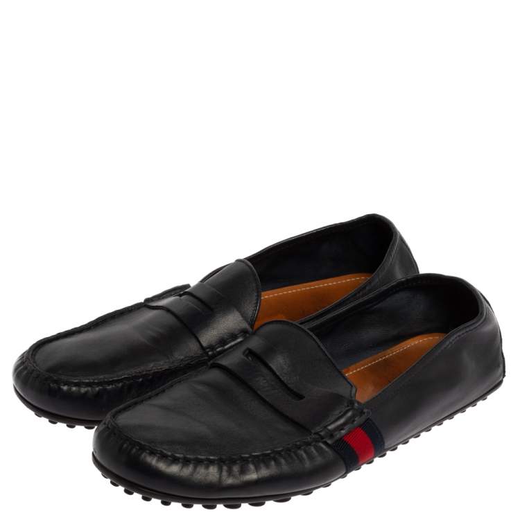 Pre Owned Gucci Dark Blue Leather Web Penny Loafers Size 43