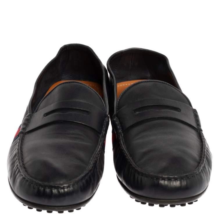 Pre Owned Gucci Dark Blue Leather Web Penny Loafers Size 43