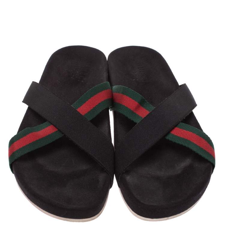 Pre Owned Gucci Black Elastic And Web Cross Strap Slide Sandals Size 46.5