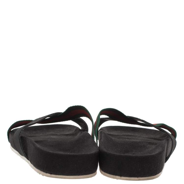 Pre Owned Gucci Black Elastic And Web Cross Strap Slide Sandals Size 46.5