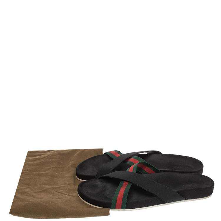 Pre Owned Gucci Black Elastic And Web Cross Strap Slide Sandals Size 46.5