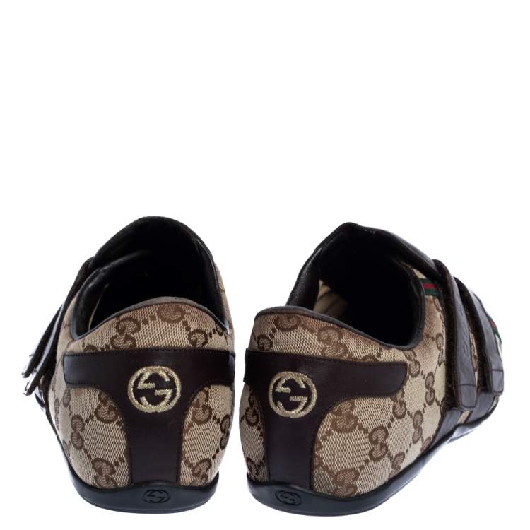 Pre Owned Gucci Dark Brown Guccisima Canvas and Leather Velcro Sneakers Size 39.5
