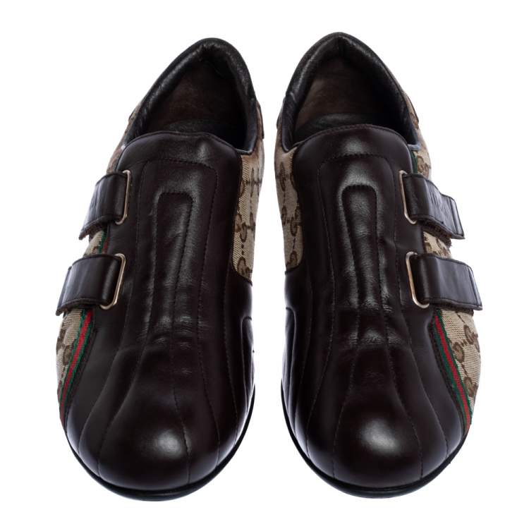 Pre Owned Gucci Dark Brown Guccisima Canvas and Leather Velcro Sneakers Size 39.5