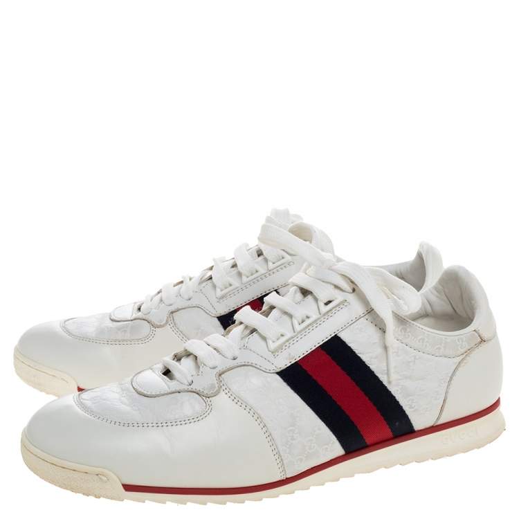 Pre Owned Gucci White Micro Guccissima Leather Web Detail Sneakers Size 42.5