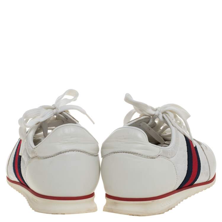 Pre Owned Gucci White Micro Guccissima Leather Web Detail Sneakers Size 42.5