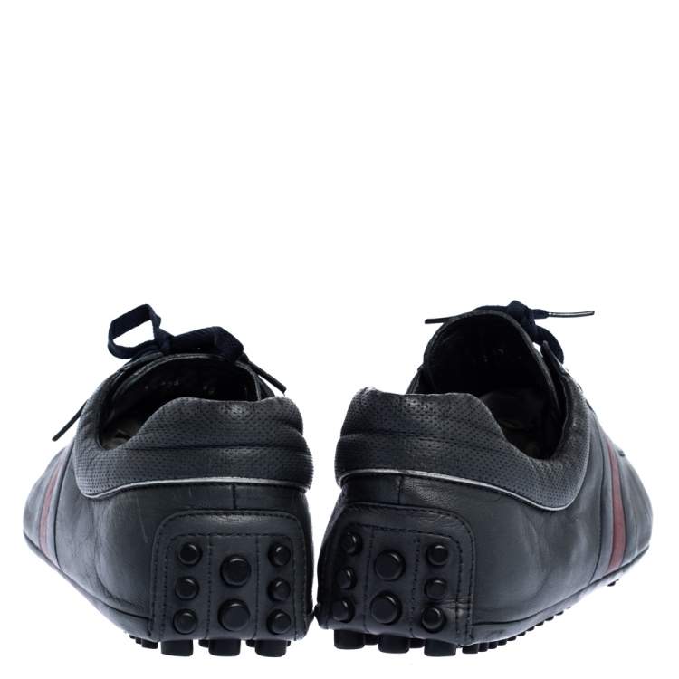 Pre Owned Gucci Black Leather Perforated Detail Web Low Top Sneakers Size 44