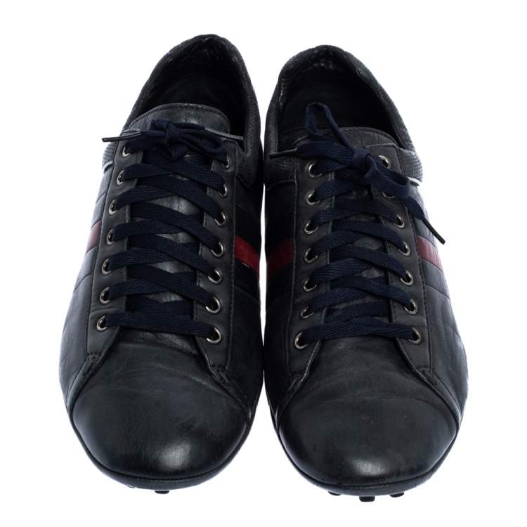 Pre Owned Gucci Black Leather Perforated Detail Web Low Top Sneakers Size 44