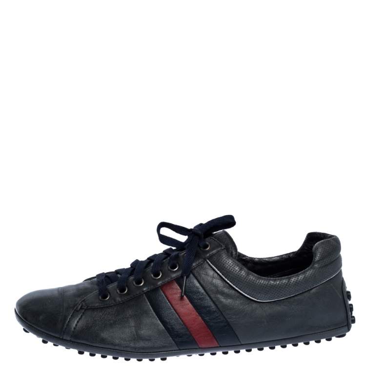 Pre Owned Gucci Black Leather Perforated Detail Web Low Top Sneakers Size 44