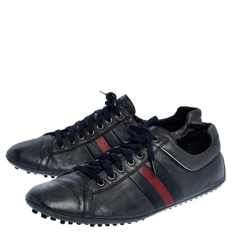 Pre Owned Gucci Black Leather Perforated Detail Web Low Top Sneakers Size 44