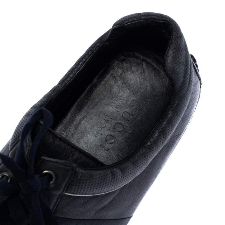 Pre Owned Gucci Black Leather Perforated Detail Web Low Top Sneakers Size 44