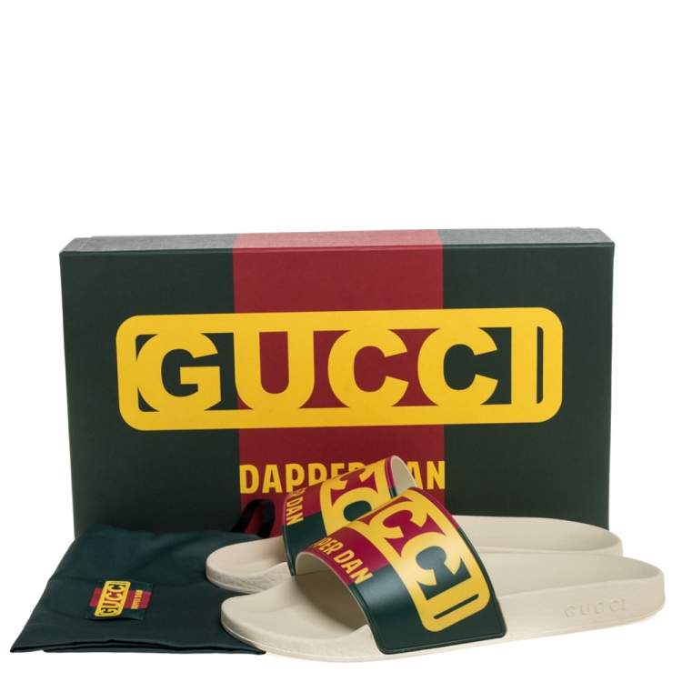 Pre Owned Gucci Multicolor Web Logo Print Rubber Dapper Dan Slip On Slides Size 41
