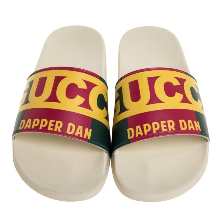 Pre Owned Gucci Multicolor Web Logo Print Rubber Dapper Dan Slip On Slides Size 41