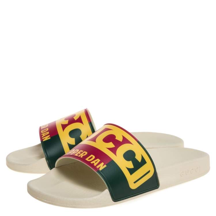 Pre Owned Gucci Multicolor Web Logo Print Rubber Dapper Dan Slip On Slides Size 41