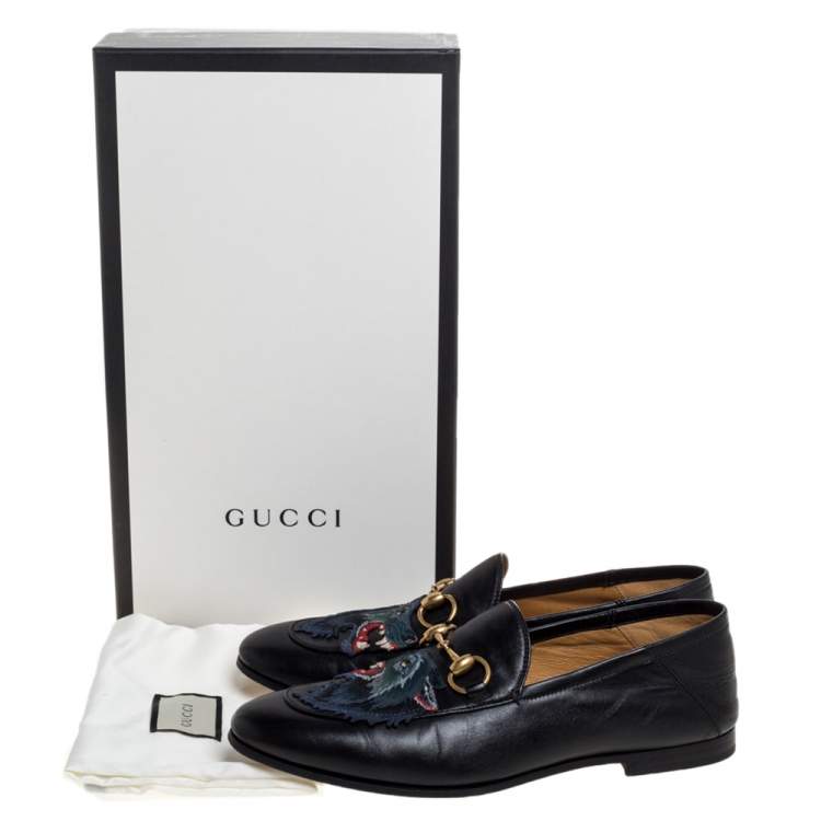 Pre Owned Gucci Black Leather Brixton Wolf Applique Horsebit Loafers Size 40