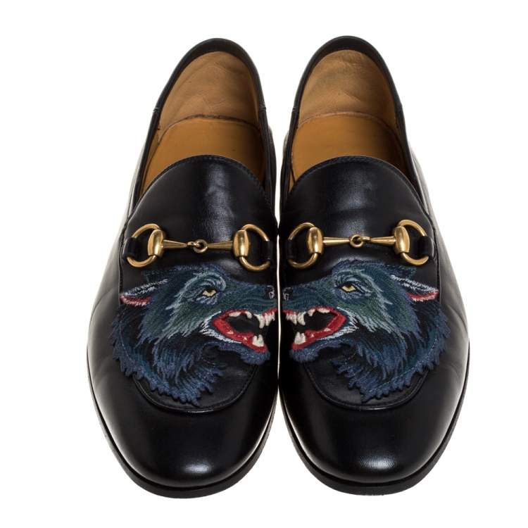 Pre Owned Gucci Black Leather Brixton Wolf Applique Horsebit Loafers Size 40
