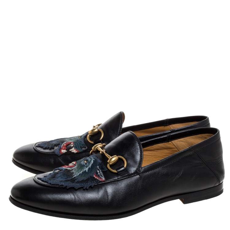 Pre Owned Gucci Black Leather Brixton Wolf Applique Horsebit Loafers Size 40