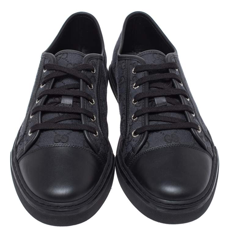 Pre Owned Gucci Black/Navy Blue Leather And GG Canvas 'California' Low Top Sneakers Size 44.5