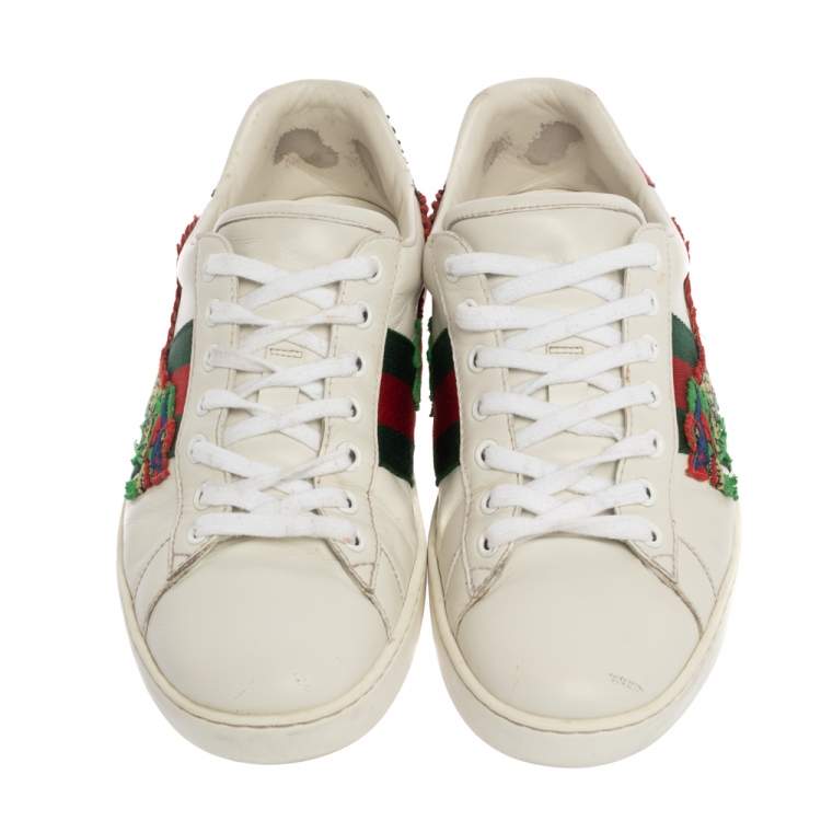 Pre Owned Gucci White Leather Ace Dragon Embroidered Low Top Sneakers Size 41.5
