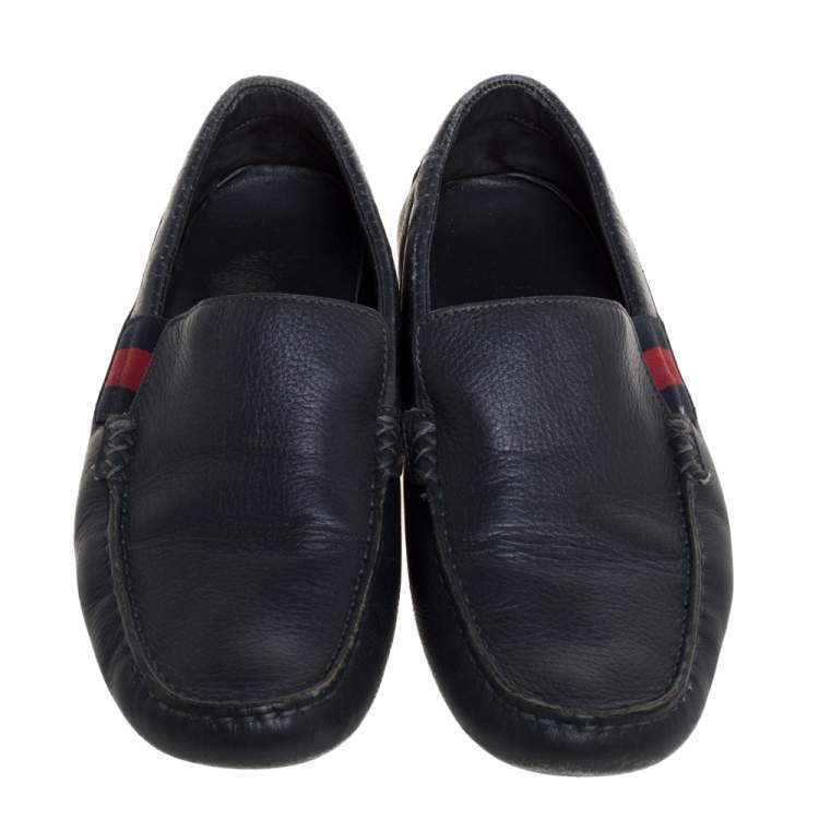 Pre Owned Gucci Blue Leather Web Detail Loafers Size 41.5